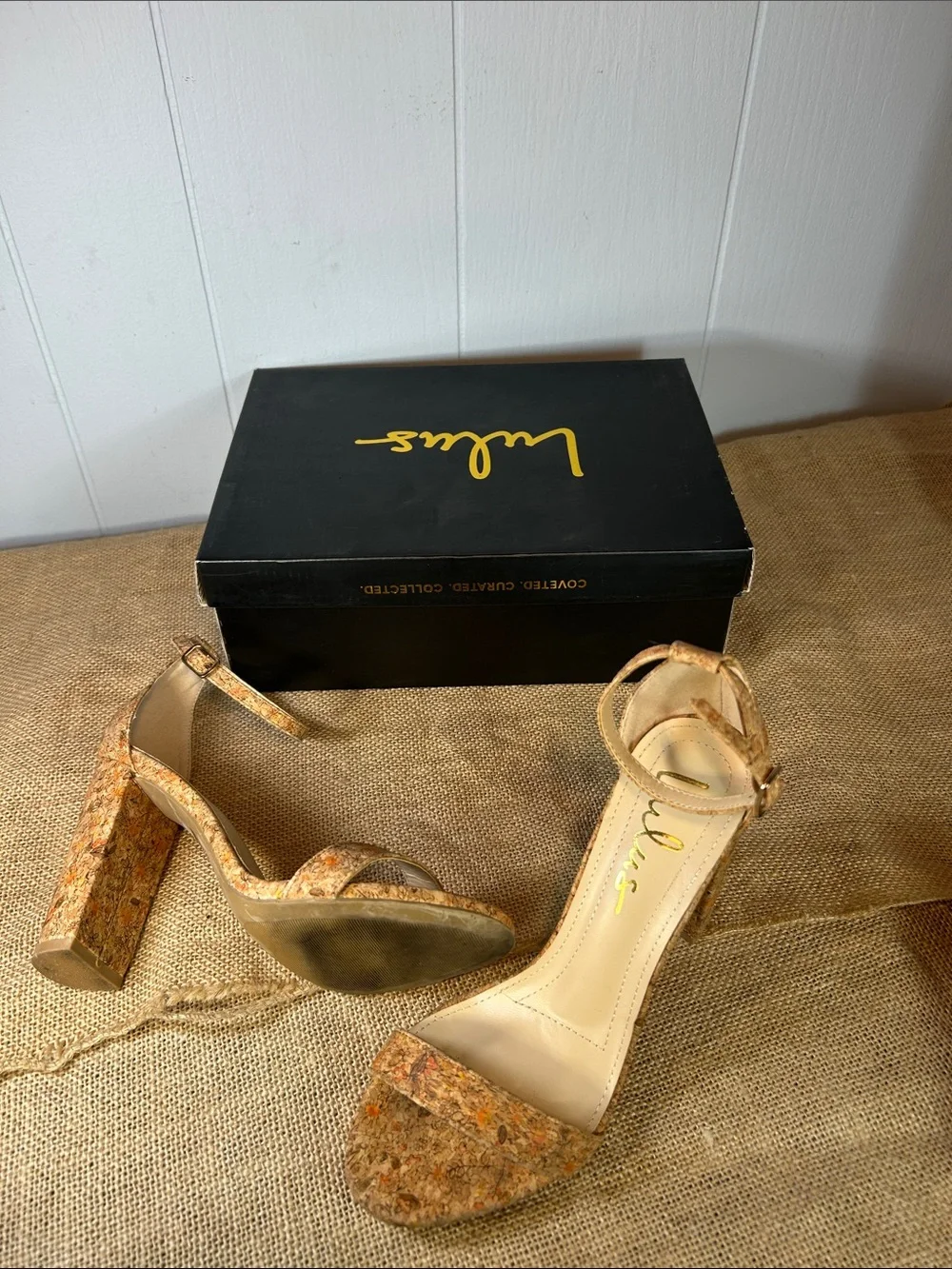 Lulu's Cork-Textured Ankle-Strap Block Heels - Tan Multi